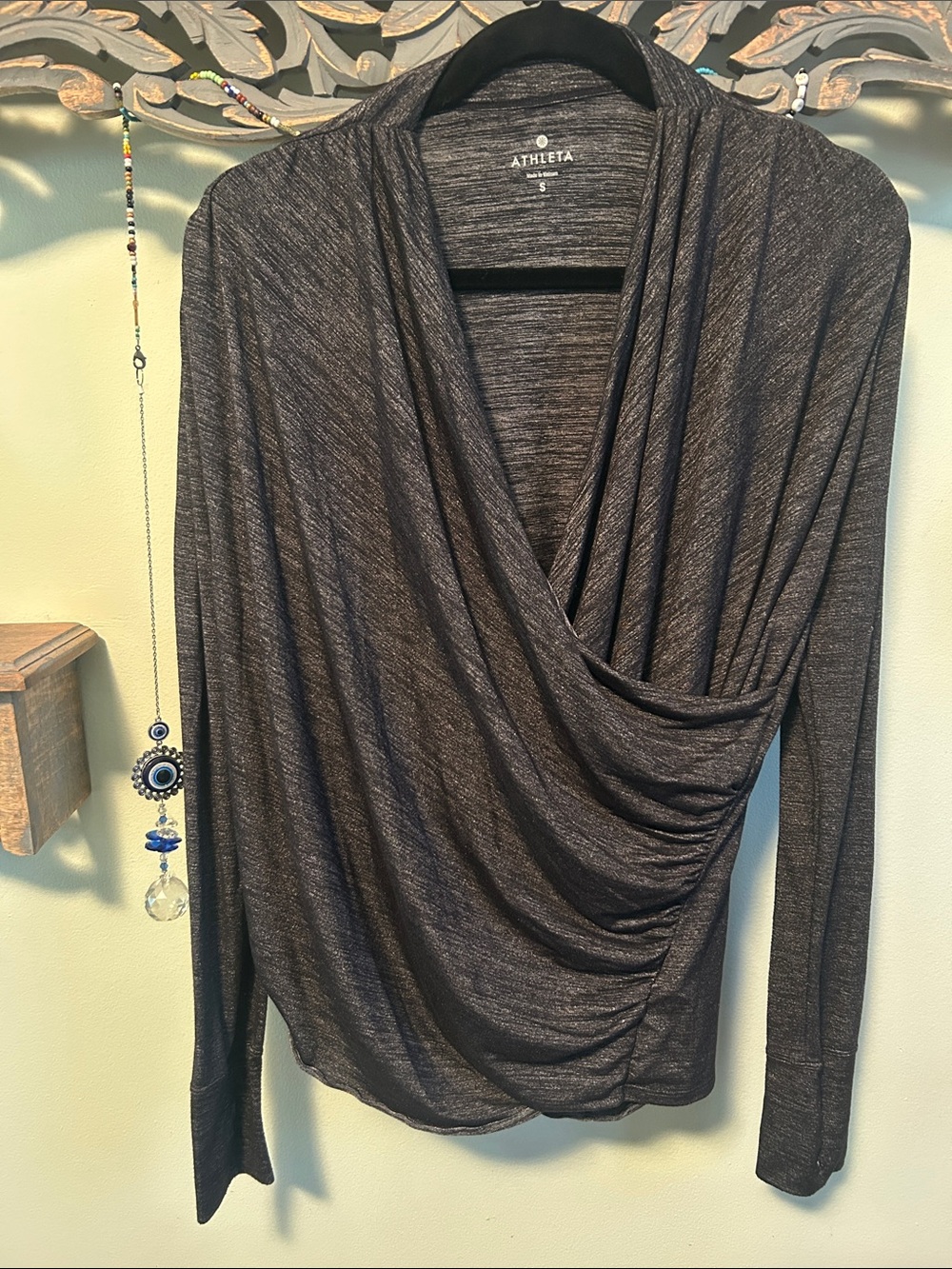 Athleta Charcoal Gray Draped Wrap-Front Long Sleeve Top